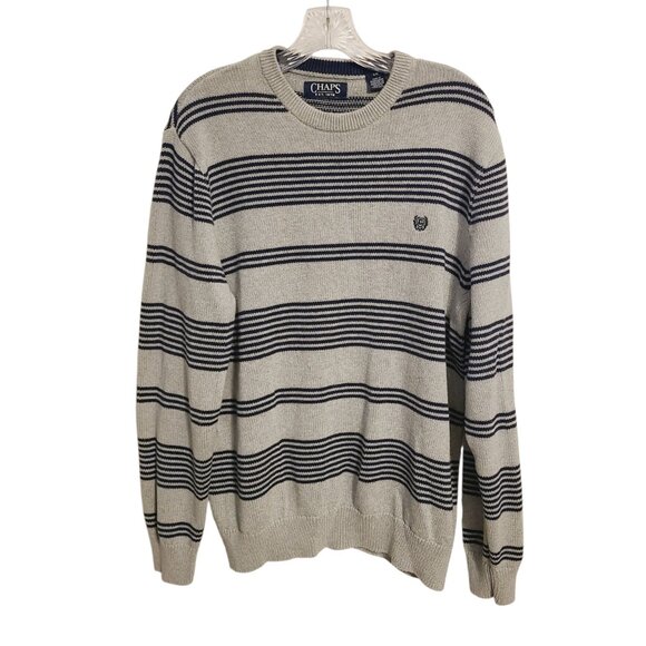Chaps | Men's Blue and Gray Striped Cotton Crewneck Sweater (Size Large) - Picture 1 of 13